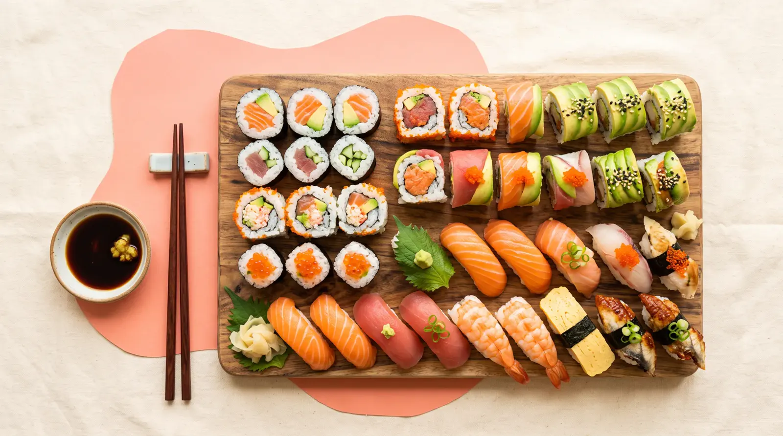 A wooden board of colourful sushi rolls seen from above on a warm cream background