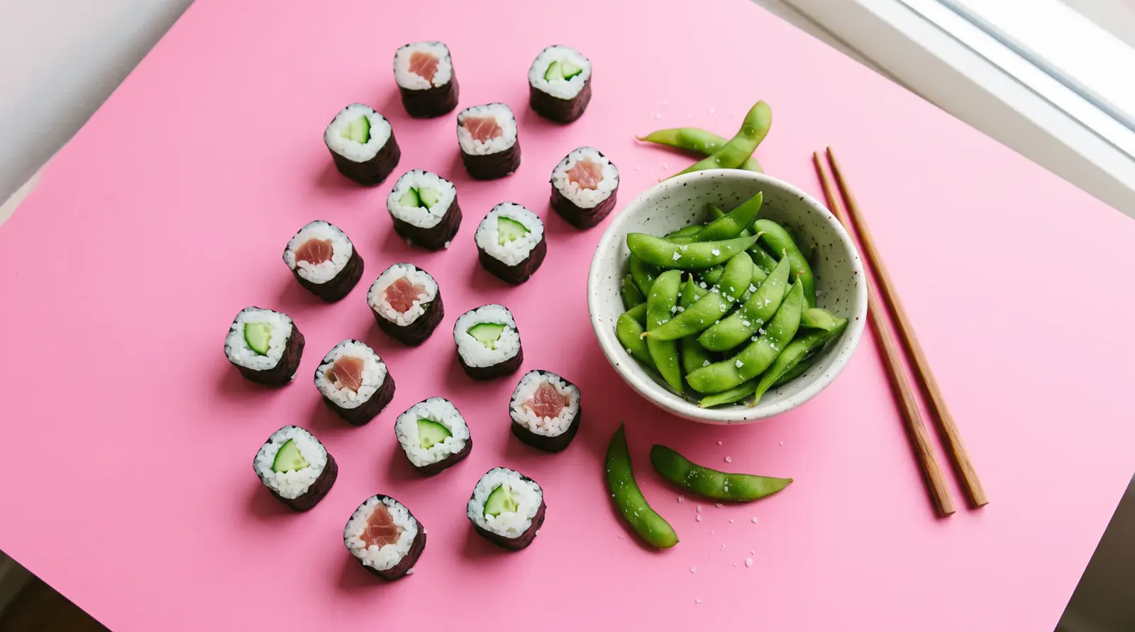 Small colourful rolls and edamame arranged on a pink background