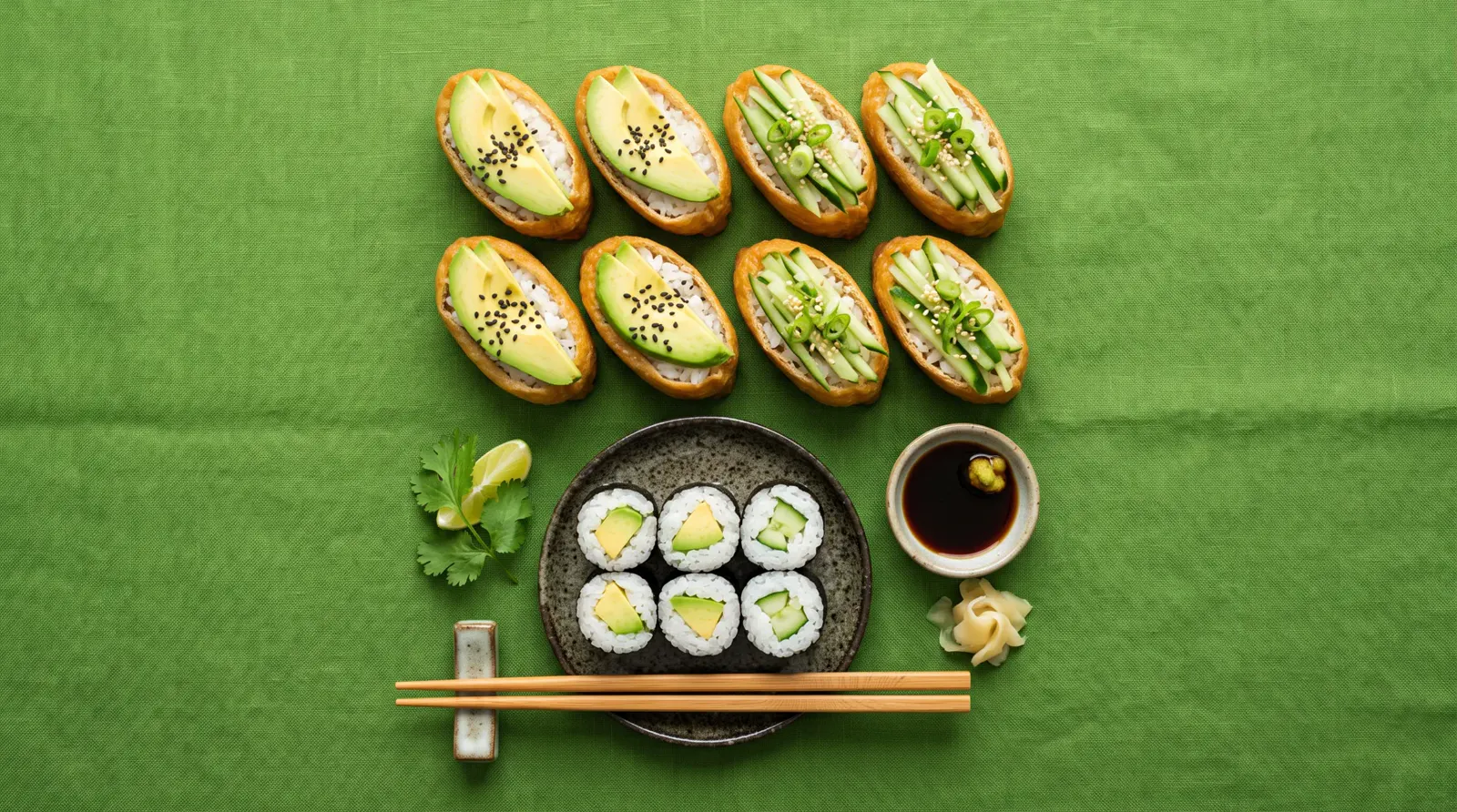 Avocado, cucumber and tofu rolls arranged on a green background